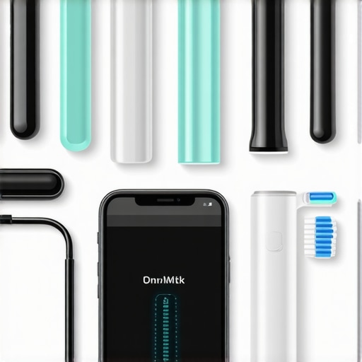 An array of dental care devices including an electric toothbrush, water flosser, and dental health app on a smartphone