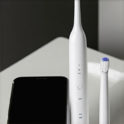 Electric toothbrush, water flosser, and dental health tracking app on a smartphone in a bathroom