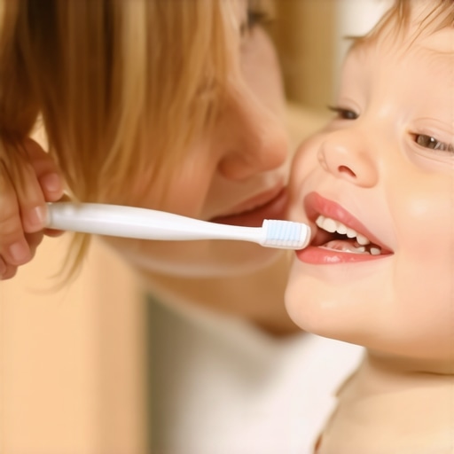 Parent demonstrating proper tooth brushing to a young child in front of a mirror.