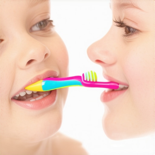 Parent helping child brush teeth with colorful toothbrush