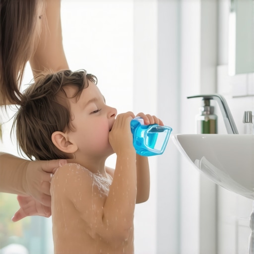 Parent assisting a child with mouth rinse in bathroom
