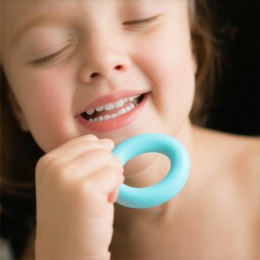 Parent using chilled teething ring to soothe child's gums
