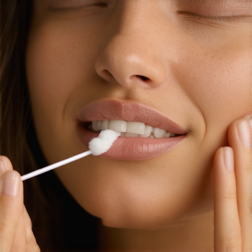 Person drying their teeth with a cotton swab as part of enamel testing process