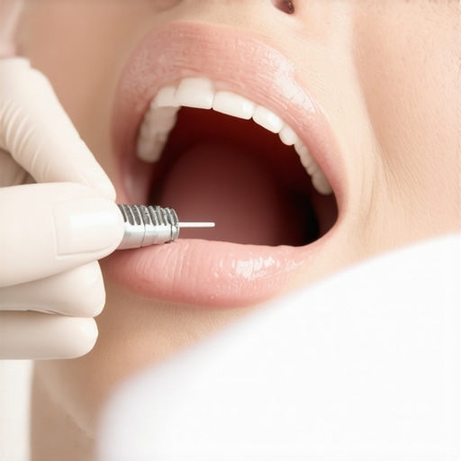 A dentist using ultrasonic scaler to remove tartar during a cleaning appointment.
