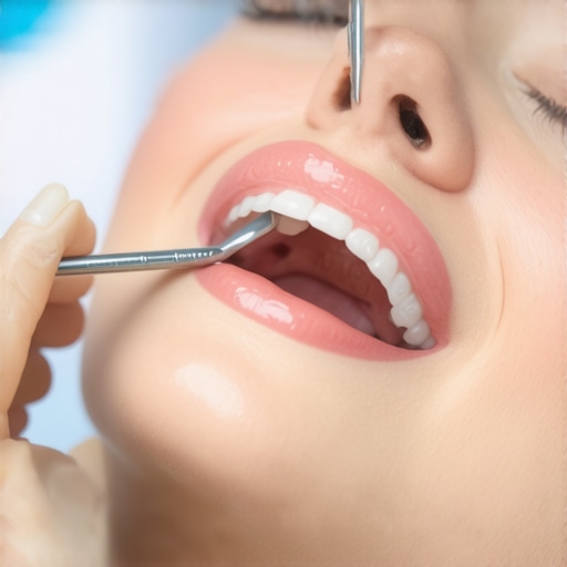 Dentist cleaning a patient's teeth with dental instruments during a professional appointment.