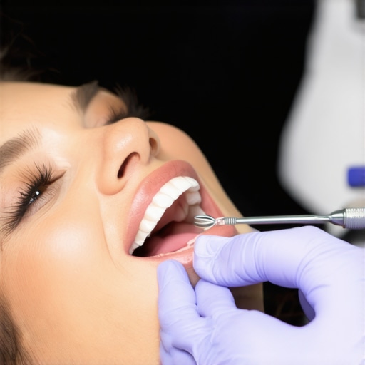 Dental hygienist showing correct teeth brushing and flossing methods to a patient