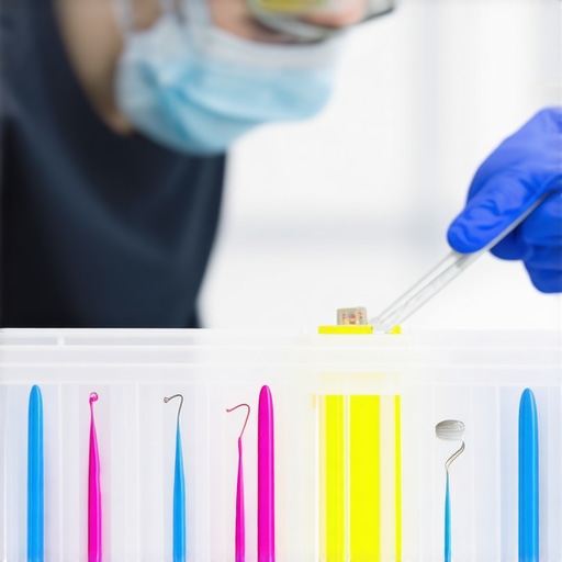 Dental tools being cleaned with ultrasonic device in a clinical setting.