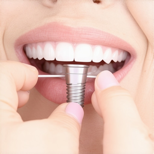Hands flossing around a dental implant in a person's mouth, illustrating correct cleaning approach.