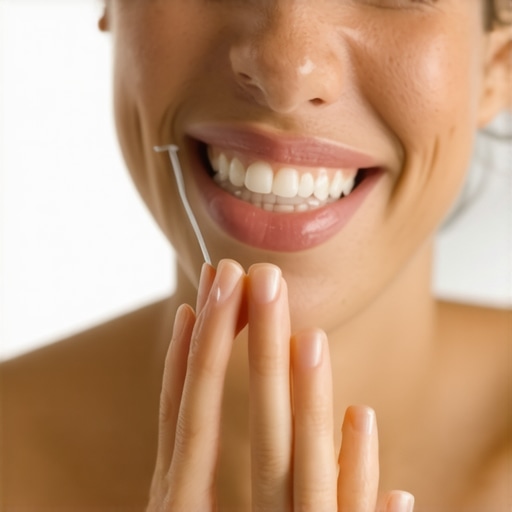Person flossing teeth showing correct flossing method to remove plaque.