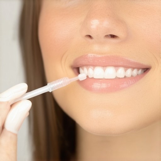 A person applying whitening gel using a tray in their mouth, illustrating correct technique.