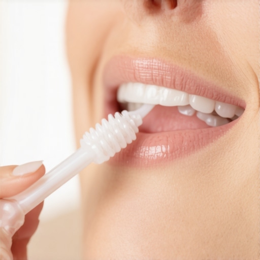 Person brushing transparent aligners with a soft toothbrush in a well-lit bathroom.