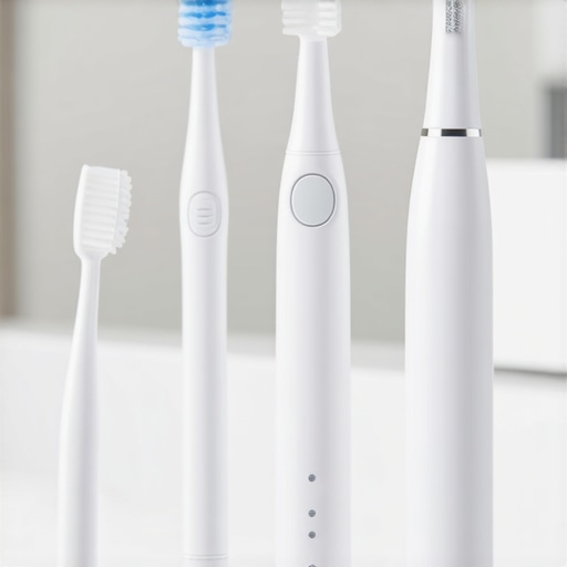 High-end electric toothbrush and floss set on a clean bathroom countertop, ready for use.