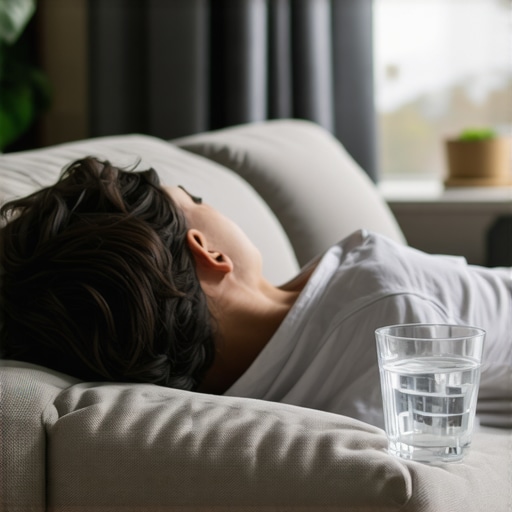 Resting and Hydrating After Sedation Person resting on sofa with water, demonstrating post-sedation recovery