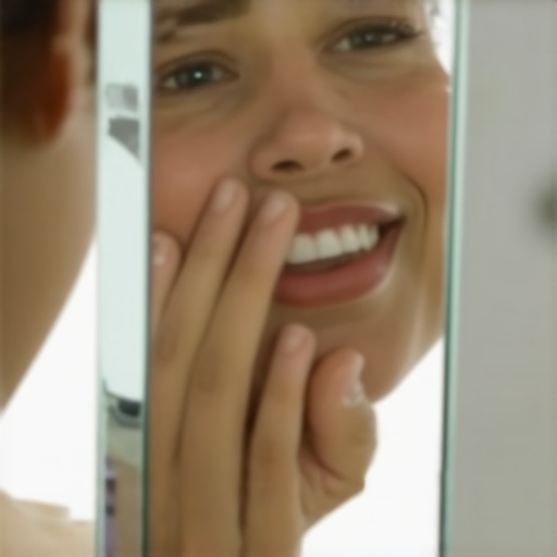 Person checking their mouth in the mirror for oral health concerns.