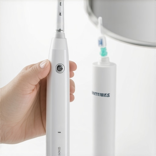 Person holding an electric toothbrush, Water Flosser, and sensitive toothpaste on bathroom counter