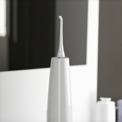 Person demonstrating water flossing technique in bathroom