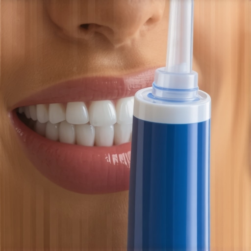 Person using a water flosser to clean between teeth near braces, showing effective debris removal.