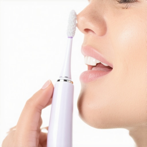 Person cleaning teeth with advanced ultrasonic toothbrush, highlighting technology in oral care.
