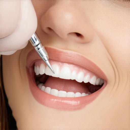 Dentist fitting a veneer onto a patient's tooth during a cosmetic procedure.