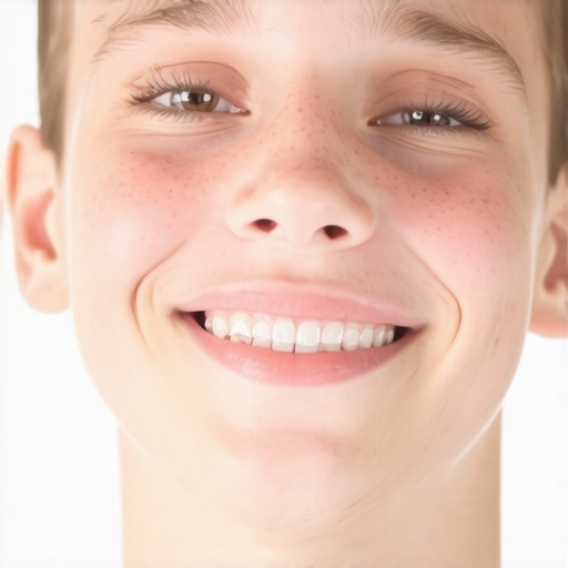 Young adult in a bright, modern bathroom fitting their clear retainer