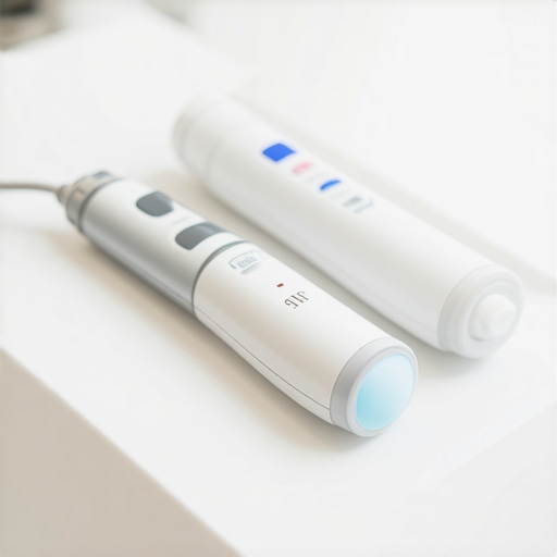 A collection of high-tech dental instruments including ultrasonic scaler, digital scanner, and whitening device laid out on a tray.