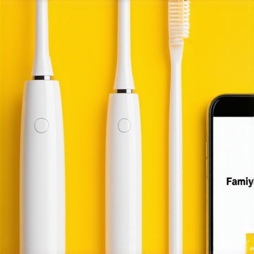 Advanced Dental Maintenance Tools in Action Close-up of a sonic toothbrush, water flosser, and a smartphone displaying a dental health app, symbolizing routine oral care tools.