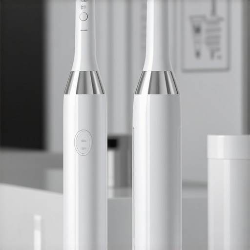 Ultrasonic toothbrush and water flosser on a bathroom counter, preparing for effective oral hygiene.
