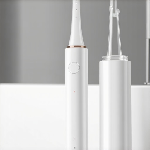 High-tech electric toothbrush and water flosser on a bathroom counter, representing modern oral health maintenance
