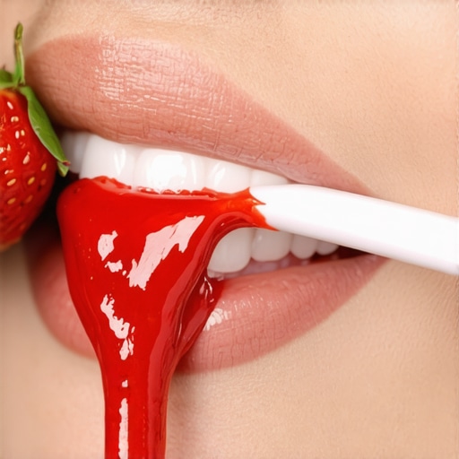 A person gently applying mashed strawberries to their teeth with a soft toothbrush