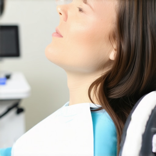 Person in dental chair practicing deep breathing to prevent gagging