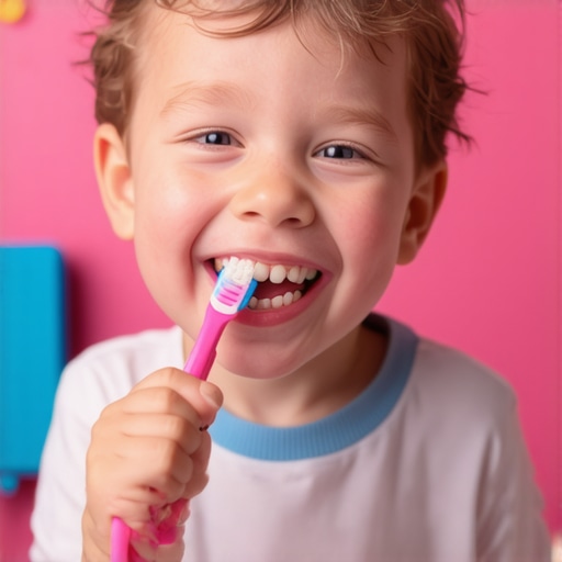A cheerful kid brushing teeth using a toothbrush and mirror in bathroom