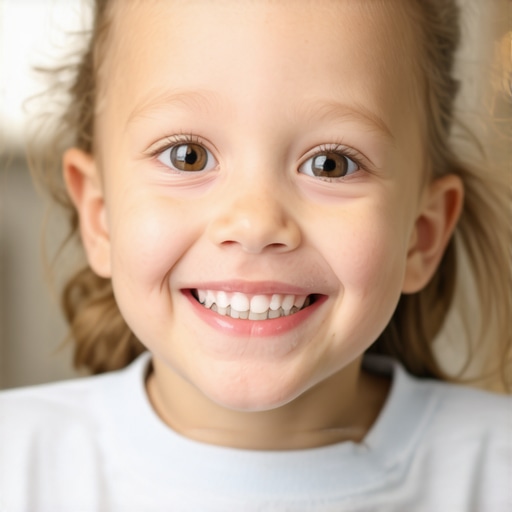 Happy young child wearing orthodontic device to stop thumb-sucking, in dental office