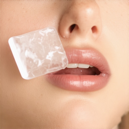 A person applying a cold compress to relieve mouth pain from a canker sore