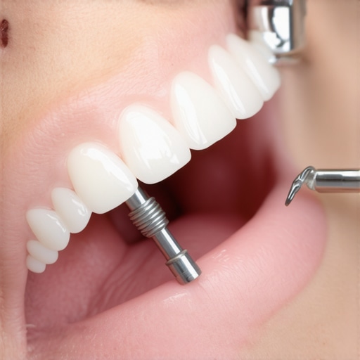 Dentist carefully fitting a dental crown on an implant in a dental clinic