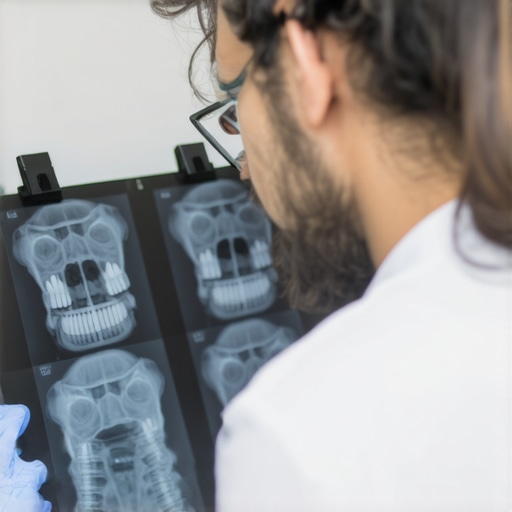 Dentist examining dental X-ray focusing on wisdom teeth and alignment issues