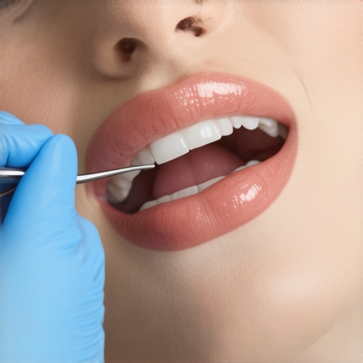 Close-up image of a dentist polishing and adjusting a high filling with specialized tools.