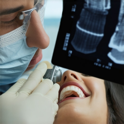 Dentist performing a dental check-up using digital X-ray technology.
