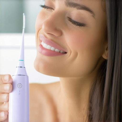 Effective Dental Tools for Long-Term Oral Care Person using water flosser and electric toothbrush for oral hygiene.