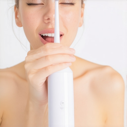 Person demonstrating the use of electric toothbrush and water flosser for dental care.