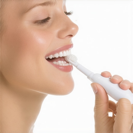 Person brushing teeth with electric toothbrush in bathroom