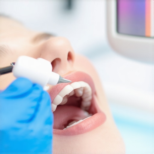 Embracing Innovation in Family Dentistry Modern digital scanner in use, mouth open, bright and professional setting.