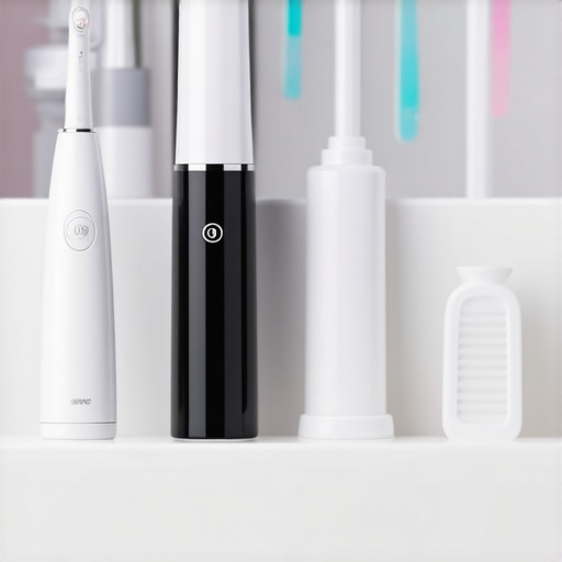Electric toothbrush and water flosser on bathroom sink ready for use.