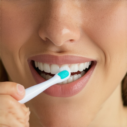 Woman using a soft toothbrush to gently clean her gums to prevent bleeding during menstrual cycle.