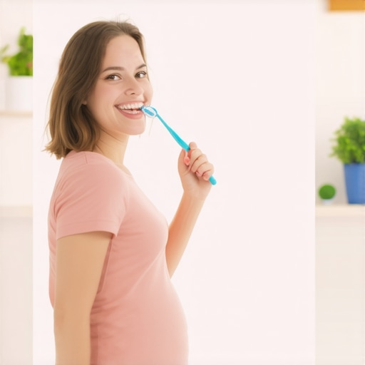 Pregnant woman brushing her teeth with a soft toothbrush