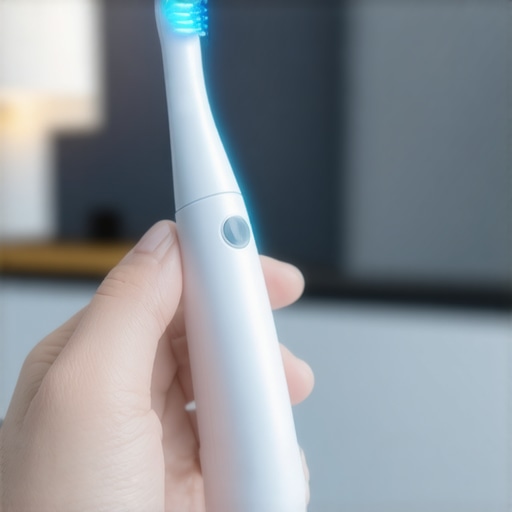 A person holding a sleek sonic toothbrush with illuminated bristles, representing advanced oral hygiene tools.