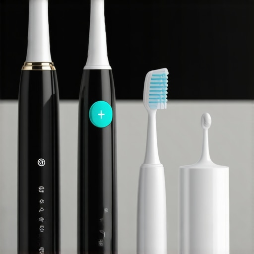 Ultrasonic toothbrush and water flosser demonstrating advanced dental cleaning equipment.