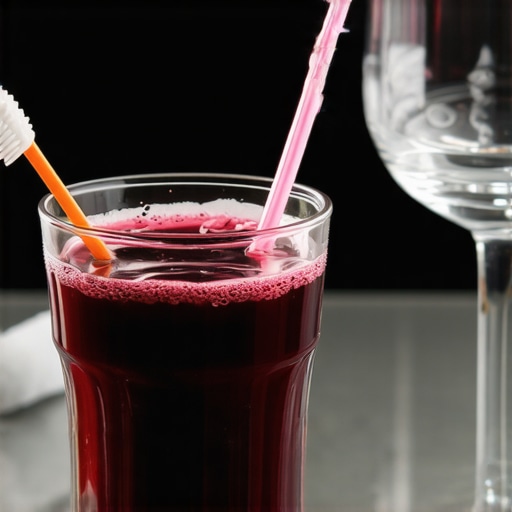 Person sipping red wine through a straw with dental hygiene items nearby.
