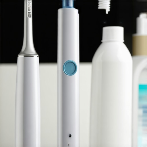 A collection of high-tech dental hygiene tools including toothbrush, water flosser, and mouthwash