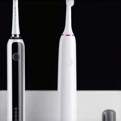 Modern Electric Toothbrush and Water Flosser High-tech dental cleaning tools on a bathroom counter showing an electric toothbrush and water flosser.