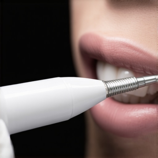Modern Ultrasonic Dental Scaler in Use Dentist using ultrasonic scaler during teeth cleaning
